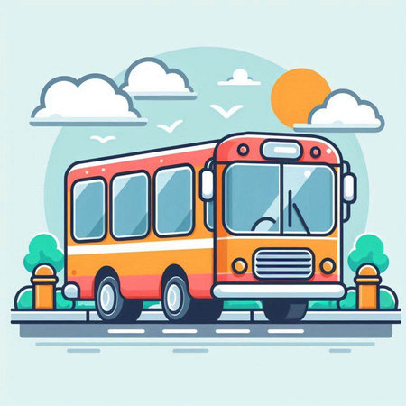 Bus on the road. Vector illustration in flat design style. Isolated on white background.のイラスト素材