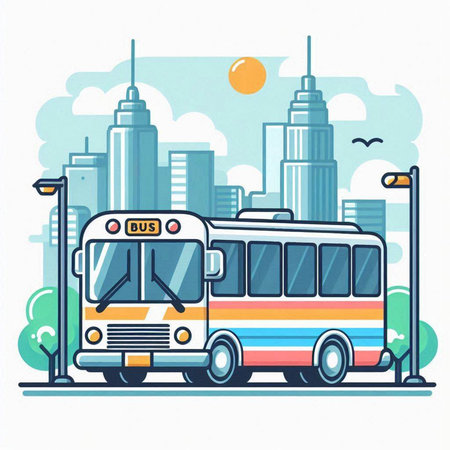 Bus on the background of the city. Vector illustration in flat styleのイラスト素材