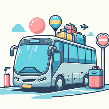 Vector illustration of a bus with luggage on the background of the airportのイラスト素材