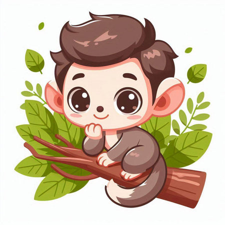 Cute baby monkey sitting on a tree branch. Vector illustration.のイラスト素材