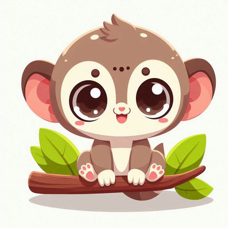 Cute little monkey sitting on a branch with leaves. Vector illustration.のイラスト素材