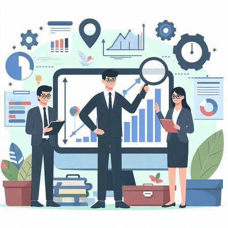 Businessman and businesswoman analyzing financial data. Vector illustration in flat styleのイラスト素材