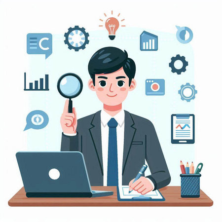 Businessman working with laptop and searching information. Vector illustration in cartoon styleのイラスト素材