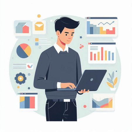 Businessman at work. Vector illustration in a flat style. Business concept.のイラスト素材