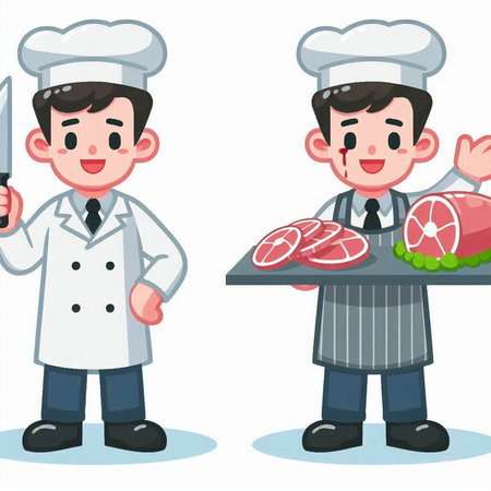 Chef and butcher holding a big piece of meat. Vector illustration.のイラスト素材