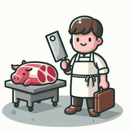Butcher with meat and knife. Vector illustration of a butcher.のイラスト素材