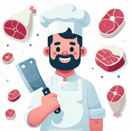 Chef with meat and knife. Vector illustration in cartoon style.のイラスト素材