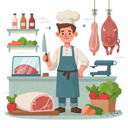 Butcher man cooking meat. Cartoon vector illustration of butcher shop.のイラスト素材