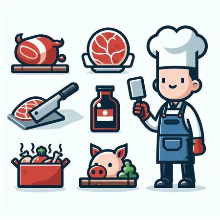 Chef and meat icons set. Vector illustration in cartoon style.のイラスト素材