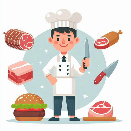 Chef man character with meat and knife. Vector flat cartoon illustrationのイラスト素材