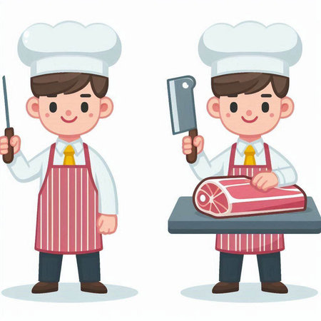Chef with knife and meat. Vector illustration in cartoon style.のイラスト素材