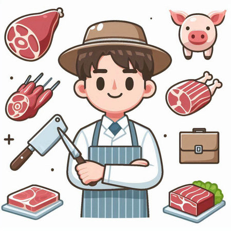 Butcher and meat products. Vector illustration of a cartoon character.のイラスト素材