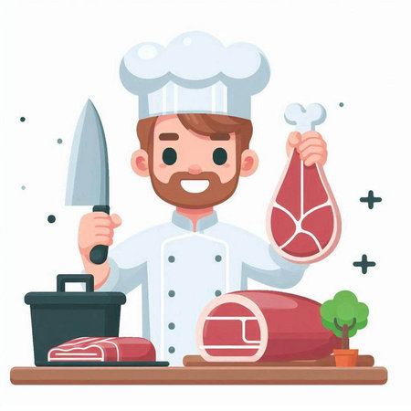 Chef with meat and knife. Vector illustration in cartoon style.のイラスト素材