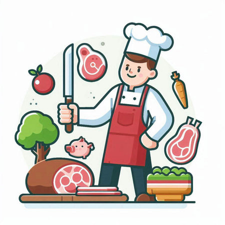 Chef cooking meat with vegetables and meat. Cartoon vector illustration.のイラスト素材