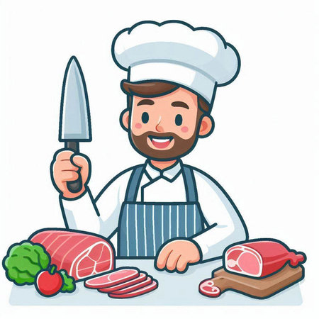 Chef with a knife and meat on a white background. Vector illustrationのイラスト素材