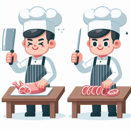 Chef man and chef boy with knife and meat. Vector illustrationのイラスト素材