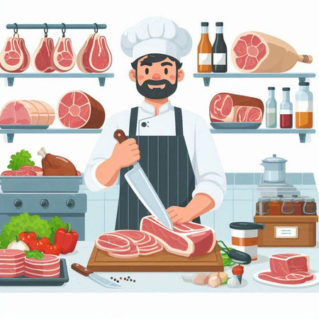 Butcher with a knife cutting meat. Vector illustration in cartoon styleのイラスト素材
