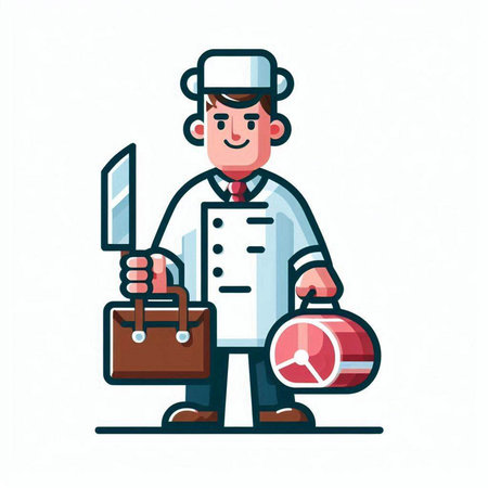 Chef in uniform holding a knife and a briefcase. Vector illustration.のイラスト素材