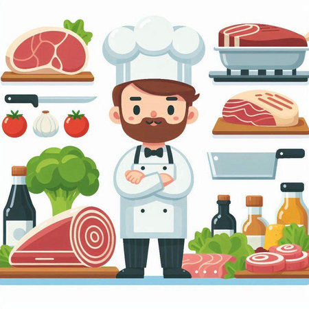 Chef with meat and vegetables. Vector illustration in cartoon style.のイラスト素材