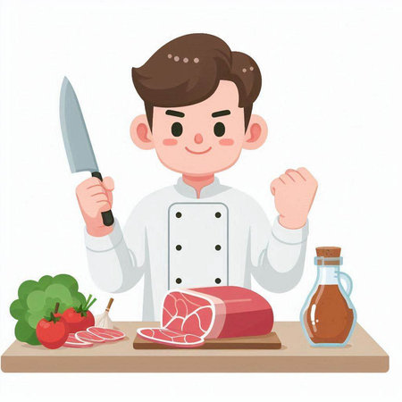 Illustration of a Young Chef Holding a Knife and Chopping Meatのイラスト素材