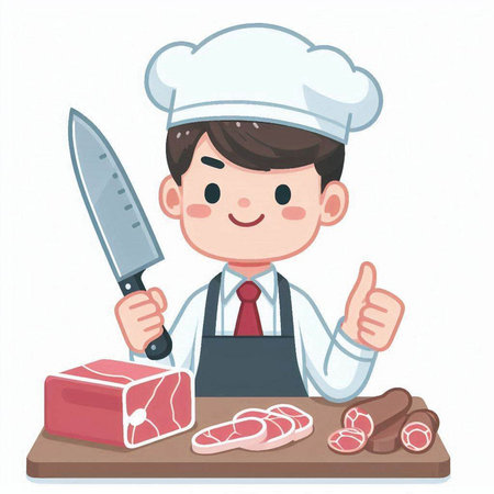Chef holding a knife and showing thumbs up. Vector illustration.のイラスト素材