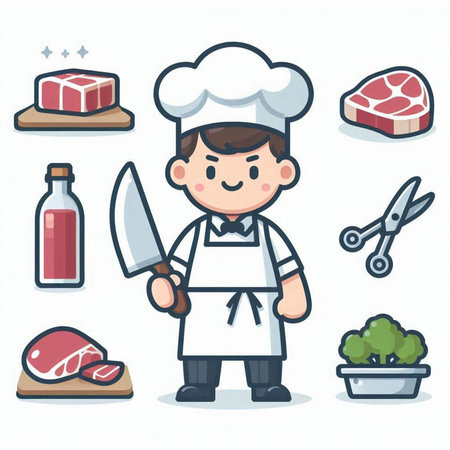 Cartoon chef character with meat and kitchen tools. Vector illustration.のイラスト素材