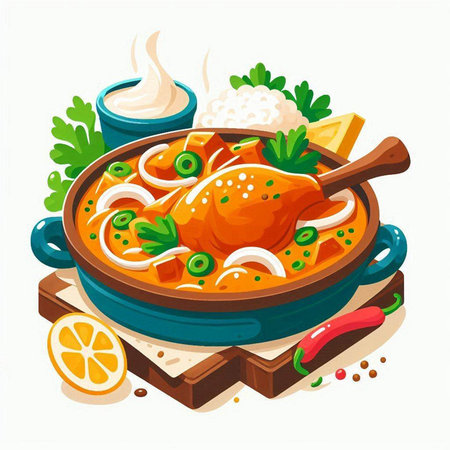 Curry chicken with rice and vegetables in bowl. Vector illustration.のイラスト素材