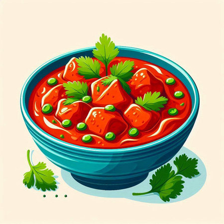 Vector illustration of bowl of tomato sauce with green peas and parsleyのイラスト素材