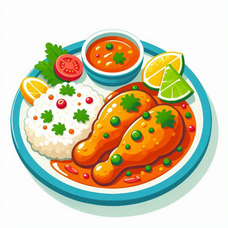 Illustration of chicken with rice and tomato sauce on a white backgroundのイラスト素材