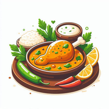 Curry chicken with rice and herbs. Vector illustration on white background.のイラスト素材