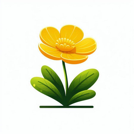 Illustration of a yellow flower with green leaves on a white backgroundのイラスト素材