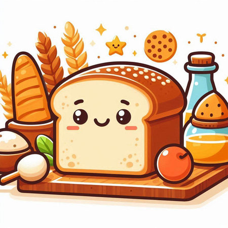 Cartoon Bread Vector Illustration. Cute Food Character Concept.のイラスト素材