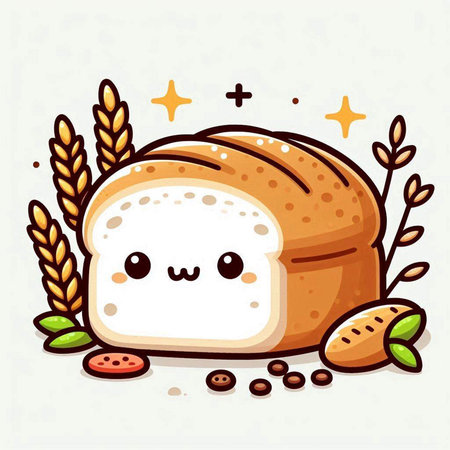 Cute cartoon bread character with wheat ears and grains. Vector illustration.のイラスト素材