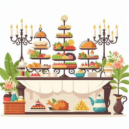 Vector illustration of a buffet with fruit and vegetables. Vector illustration.のイラスト素材