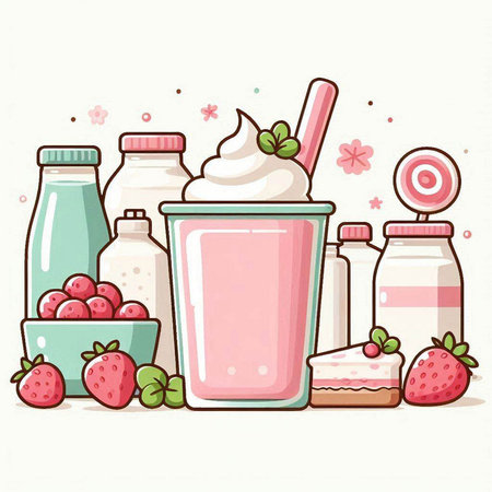 Milk and yogurt in a glass and ingredients. Vector illustration.のイラスト素材