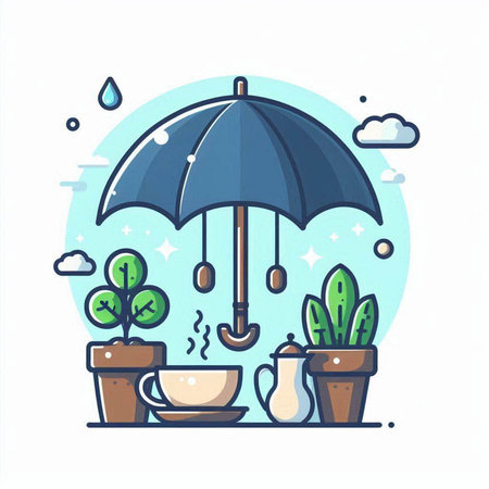 Vector illustration of an umbrella and houseplants in pots on a white background.のイラスト素材