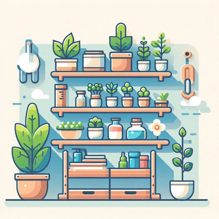Flat design modern vector illustration concept of home interior with shelves and plants.のイラスト素材