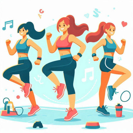 Sporty young women running and jogging. Vector illustration in flat styleのイラスト素材