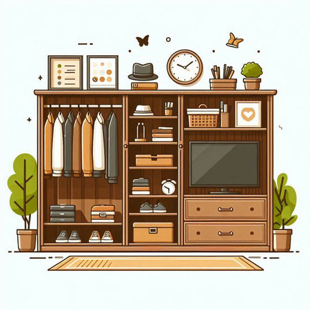 Cabinet with furniture and accessories. Vector illustration in cartoon style.のイラスト素材