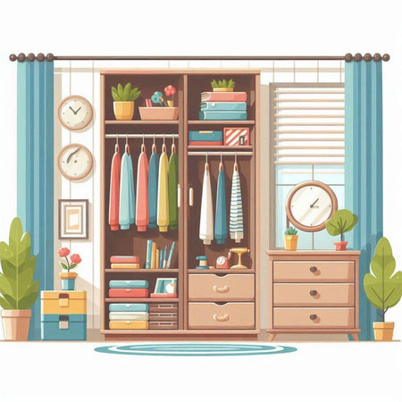 Vector illustration of wardrobe with different clothes and accessories. Cozy home interior.のイラスト素材