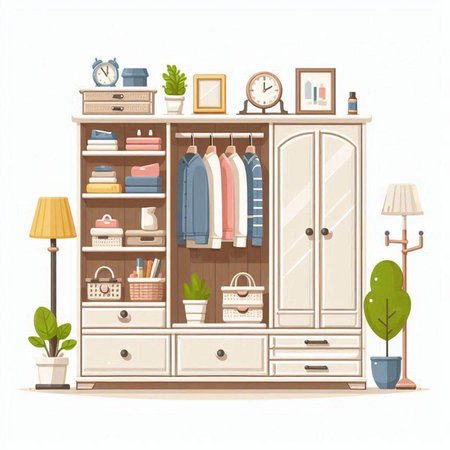 Wardrobe with furniture and accessories. Vector illustration in cartoon style.のイラスト素材
