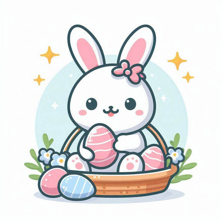 Cute bunny with Easter eggs in a basket. Vector illustration.のイラスト素材