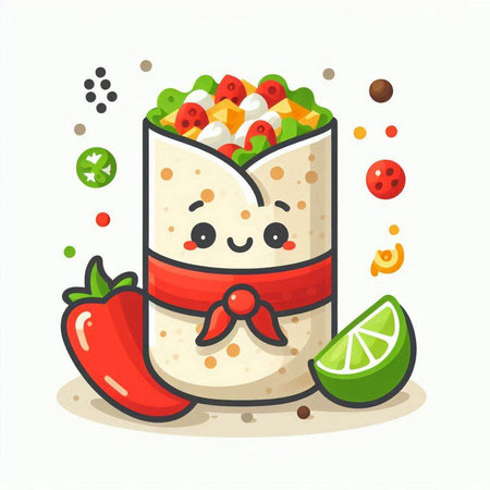 Mexican burrito with ingredients. Cute cartoon character vector illustration.のイラスト素材