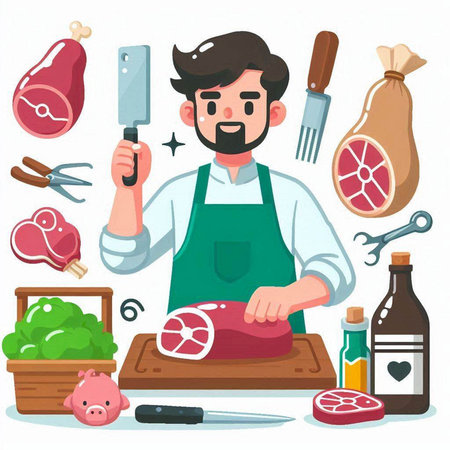 Butcher in apron cooking meat. Vector illustration in cartoon styleのイラスト素材