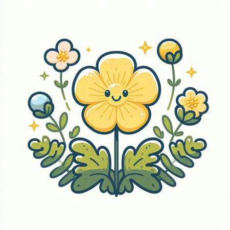Cute flower with leaves and stars. Hand drawn vector illustration.のイラスト素材