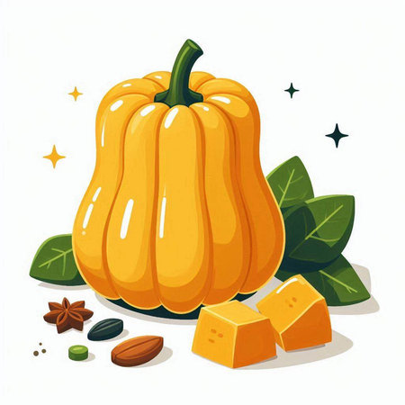 Pumpkin and spices on a white background. Vector illustration.のイラスト素材
