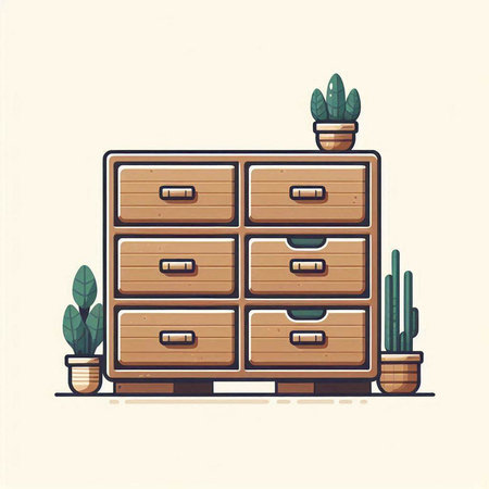 Wooden chest of drawers with cacti. Vector illustration.のイラスト素材