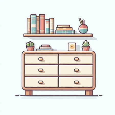 Bookshelf with books and plants. Vector illustration in flat styleのイラスト素材