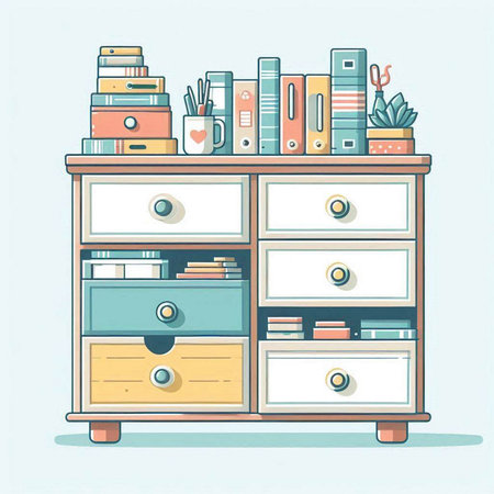 Illustration of a cabinet with books and stationery in cartoon styleのイラスト素材