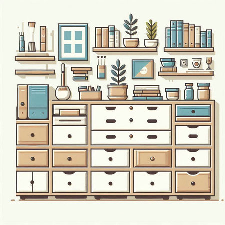 Vector illustration of a shelf with books and other things in retro styleのイラスト素材
